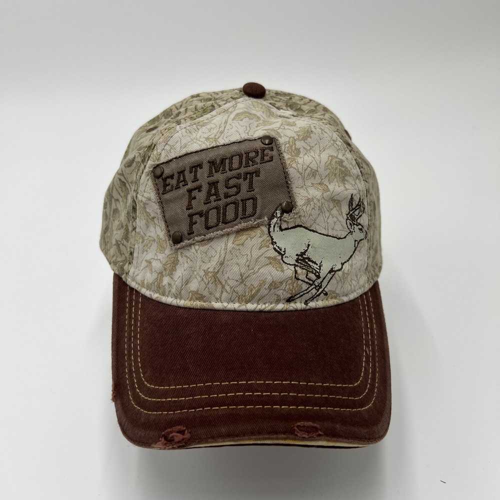 Eat More Fast Food Deer Hunting Camo Trucker Hat Brown Distressed Snapback Cap